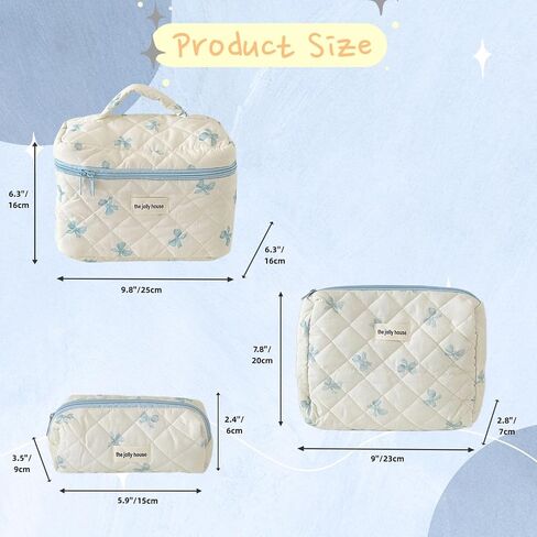 حقيبة مكياج لطيفة جمالية مبطنة بالزهور من القطن حقيبة مستحضرات التجميل منظم السفر حقيبة أدوات الزينة مجموعة من 3 قطع (01 قوس وردي) in Kuwait