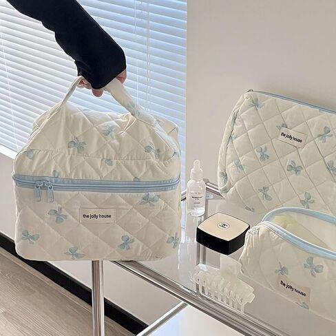 حقيبة مكياج لطيفة جمالية مبطنة بالزهور من القطن حقيبة مستحضرات التجميل منظم السفر حقيبة أدوات الزينة مجموعة من 3 قطع (01 قوس وردي) in Kuwait