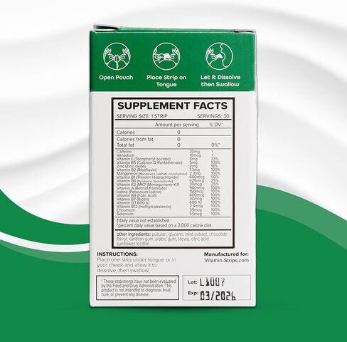 Peak Performance Energy Strips — Vegan, Gluten Free, Soy Free & Sugar-Free Breath Strips w/Caffeine, 18 Vitamins & Minerals — Instant Energy Boost Chocolate Mint Dietary Supplement — 30 Oral Strips in Saudi Arabia