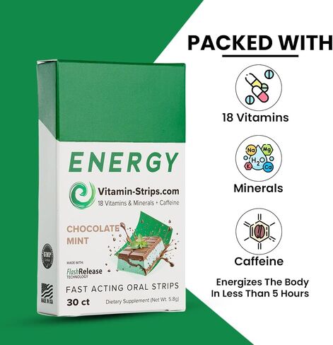 Peak Performance Energy Strips — Vegan, Gluten Free, Soy Free & Sugar-Free Breath Strips w/Caffeine, 18 Vitamins & Minerals — Instant Energy Boost Chocolate Mint Dietary Supplement — 30 Oral Strips in Saudi Arabia