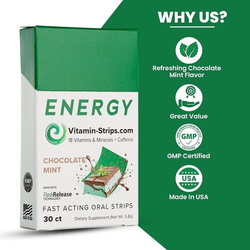Peak Performance Energy Strips — Vegan, Gluten Free, Soy Free & Sugar-Free Breath Strips w/Caffeine, 18 Vitamins & Minerals — Instant Energy Boost Chocolate Mint Dietary Supplement — 30 Oral Strips in Saudi Arabia