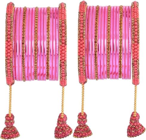 Efulgenz Indian Bangle Set CZ Crystal Rhinestone Bridal Metal Bangle Set Plain Glossy Bangles with Hanging Tassel Bridal Bracelet Jewelry Set For Women (34 Pcs) in Saudi Arabia