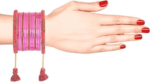 Efulgenz Indian Bangle Set CZ Crystal Rhinestone Bridal Metal Bangle Set Plain Glossy Bangles with Hanging Tassel Bridal Bracelet Jewelry Set For Women (34 Pcs) in Saudi Arabia