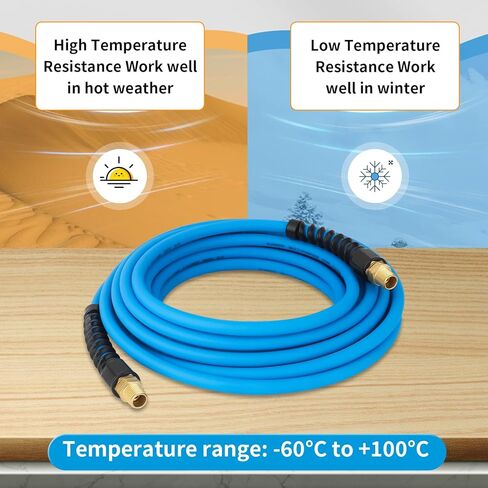 خرطوم هواء هجين 1/4 بوصة × 100 قدم 280 رطل لكل بوصة مربعة، خفيف الوزن، مقاوم للالتواء، مرونة في جميع الأحوال الجوية مع تركيبات MNPT 1/4 بوصة، مقيدات الانحناء، أزرق in Kuwait