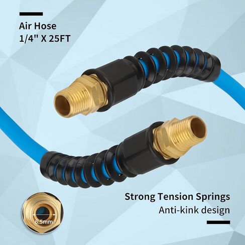 خرطوم هواء هجين 1/4 بوصة × 100 قدم 280 رطل لكل بوصة مربعة، خفيف الوزن، مقاوم للالتواء، مرونة في جميع الأحوال الجوية مع تركيبات MNPT 1/4 بوصة، مقيدات الانحناء، أزرق in Kuwait