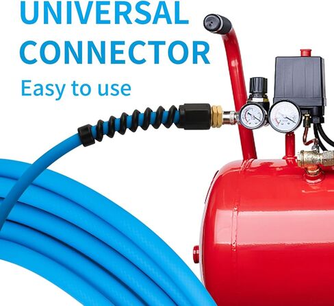 خرطوم هواء هجين 1/4 بوصة × 100 قدم 280 رطل لكل بوصة مربعة، خفيف الوزن، مقاوم للالتواء، مرونة في جميع الأحوال الجوية مع تركيبات MNPT 1/4 بوصة، مقيدات الانحناء، أزرق in Kuwait