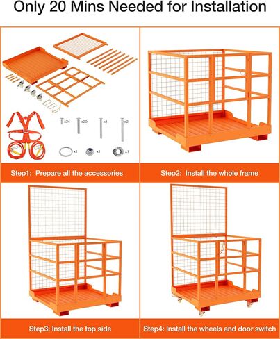 قفص أمان للرافعة الشوكية مع عجلات، منصة عمل للرافعة الشوكية مقاس 45 × 43 بوصة مع حزام أمان وعجلات، سعة 1400 رطل، سلة رفع قابلة للطي لشخصين in Kuwait