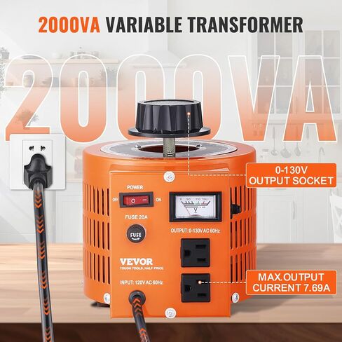 VEVOR 2000VA محول جهد كهربائي متغير تلقائي، 15.3 أمبير، 110 فولت إدخال 0-130 فولت مخرج تيار متردد، مزود طاقة، مع 4 صمامات إضافية للتحكم الحراري للمكاتب الصناعية in Saudi Arabia