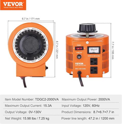 VEVOR 2000VA محول جهد كهربائي متغير تلقائي، 15.3 أمبير، 110 فولت إدخال 0-130 فولت مخرج تيار متردد، مزود طاقة، مع 4 صمامات إضافية للتحكم الحراري للمكاتب الصناعية in Saudi Arabia