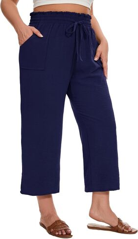 SEKINO Women's Plus Size Casual Loose Flowy Pants Wide Leg Cropped Beach Pants Drawstring Waist Lounge Pants with Pockets in Saudi Arabia