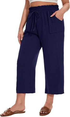 SEKINO Women's Plus Size Casual Loose Flowy Pants Wide Leg Cropped Beach Pants Drawstring Waist Lounge Pants with Pockets in Saudi Arabia