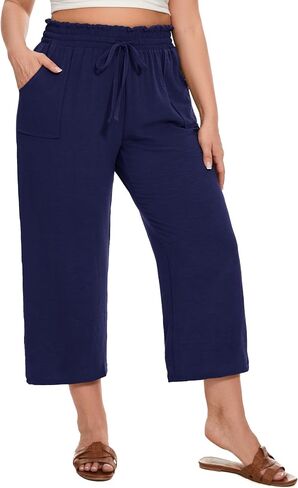 SEKINO Women's Plus Size Casual Loose Flowy Pants Wide Leg Cropped Beach Pants Drawstring Waist Lounge Pants with Pockets in Saudi Arabia