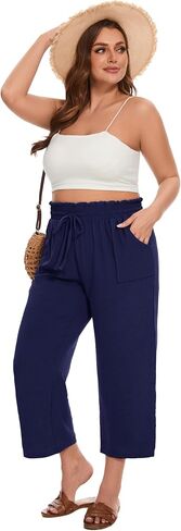 SEKINO Women's Plus Size Casual Loose Flowy Pants Wide Leg Cropped Beach Pants Drawstring Waist Lounge Pants with Pockets in Saudi Arabia