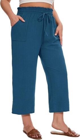 SEKINO Women's Plus Size Casual Loose Flowy Pants Wide Leg Cropped Beach Pants Drawstring Waist Lounge Pants with Pockets in Saudi Arabia