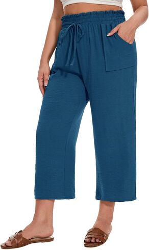 SEKINO Women's Plus Size Casual Loose Flowy Pants Wide Leg Cropped Beach Pants Drawstring Waist Lounge Pants with Pockets in Saudi Arabia