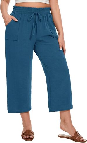 SEKINO Women's Plus Size Casual Loose Flowy Pants Wide Leg Cropped Beach Pants Drawstring Waist Lounge Pants with Pockets in Saudi Arabia