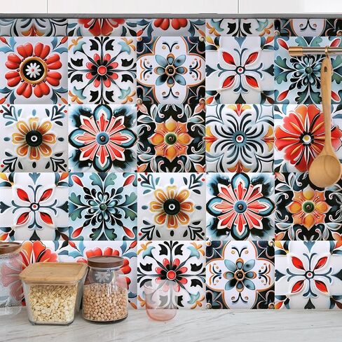 30PCS 4x4 inch Removable 3D Tile Stickers DIY Square Colorful Floral Pattern Tile Stickers Vinyl Self Adhesive Wall Tiles Decor for Bathroom Kitchen Living Room Stairs Backsplash (B) in Kuwait