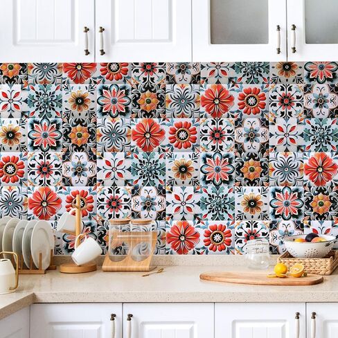 30PCS 4x4 inch Removable 3D Tile Stickers DIY Square Colorful Floral Pattern Tile Stickers Vinyl Self Adhesive Wall Tiles Decor for Bathroom Kitchen Living Room Stairs Backsplash (B) in Kuwait