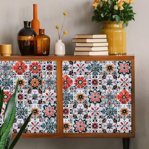 30PCS 4x4 inch Removable 3D Tile Stickers DIY Square Colorful Floral Pattern Tile Stickers Vinyl Self Adhesive Wall Tiles Decor for Bathroom Kitchen Living Room Stairs Backsplash (B) in Kuwait