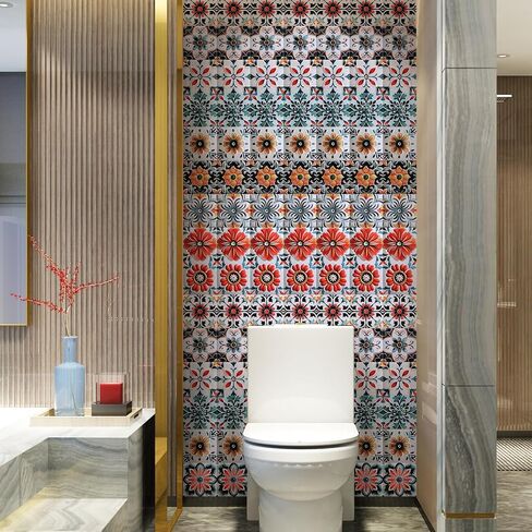 30PCS 4x4 inch Removable 3D Tile Stickers DIY Square Colorful Floral Pattern Tile Stickers Vinyl Self Adhesive Wall Tiles Decor for Bathroom Kitchen Living Room Stairs Backsplash (B) in Kuwait