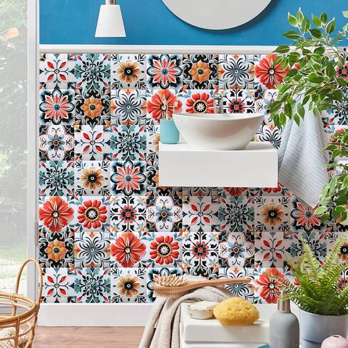 30PCS 4x4 inch Removable 3D Tile Stickers DIY Square Colorful Floral Pattern Tile Stickers Vinyl Self Adhesive Wall Tiles Decor for Bathroom Kitchen Living Room Stairs Backsplash (B) in Kuwait