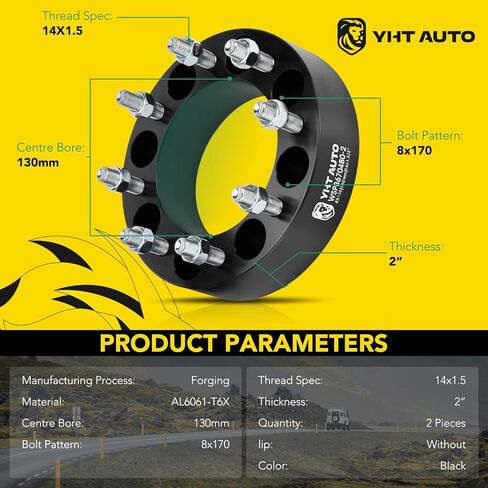 YHTAUTO 8x170mm Wheel Spacers 2 inch Fits Ford F-250 F-350 2003-2009, F-250 F-350 Super Duty 2003-2022, Excursion Tire Spacers w/ M14x1.5 & 12.9 Grade Studs, 130mm Hub Bore 8 Lug 4PCS Black Adapters in Saudi Arabia