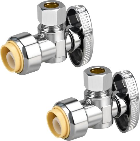 Stop Valves, 1/2" × 3/8" Angle Stop Valve, 1/2" PTC Input, 3/8" OD Compression Output, Push to Connect, 1/4 Turn, Chrome Plated Brass for Faucet, Toilet Valves, No Lead in Kuwait