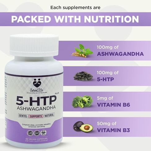 5-HTP Plus كبسولات أشواغاندا - مكمل غذائي طبيعي للرجال والنساء - مع 5-HTP هيدروكسيتريبتوفان، فيتامين ب6، ب3 - يعزز الاسترخاء، والنوم العميق، والمزاج الإيجابي - 60 كبسولة نباتية in Saudi Arabia