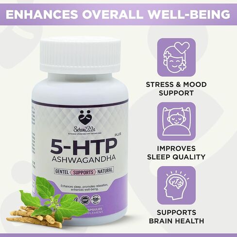 5-HTP Plus كبسولات أشواغاندا - مكمل غذائي طبيعي للرجال والنساء - مع 5-HTP هيدروكسيتريبتوفان، فيتامين ب6، ب3 - يعزز الاسترخاء، والنوم العميق، والمزاج الإيجابي - 60 كبسولة نباتية in Saudi Arabia