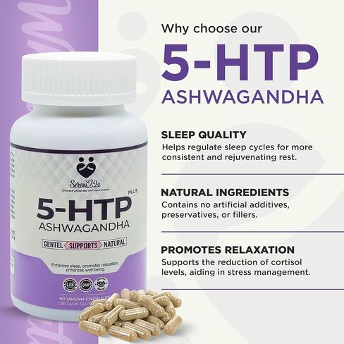 5-HTP Plus كبسولات أشواغاندا - مكمل غذائي طبيعي للرجال والنساء - مع 5-HTP هيدروكسيتريبتوفان، فيتامين ب6، ب3 - يعزز الاسترخاء، والنوم العميق، والمزاج الإيجابي - 60 كبسولة نباتية in Saudi Arabia