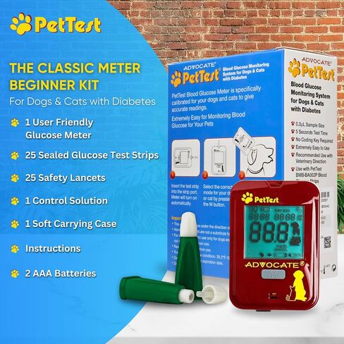 PetTest Glucose Monitoring Kit for Dogs & Cats - Classic Beginner Diabetic Pet Blood Sugar Check Kit - Includes Classic Glucose Meter, 25 Test Strips, 25 Safety Lancets, Soft Carrying Case in Saudi Arabia