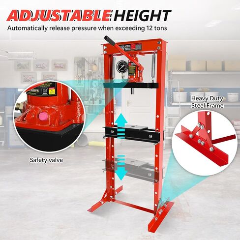 Hydraulic Shop Press,12 Ton H-Frame Garage Floor Adjustable Shop Bearing Press with Stamping Plates to Bend, Straighten, Or Press Parts, Install Bearings & U-Joints in Saudi Arabia