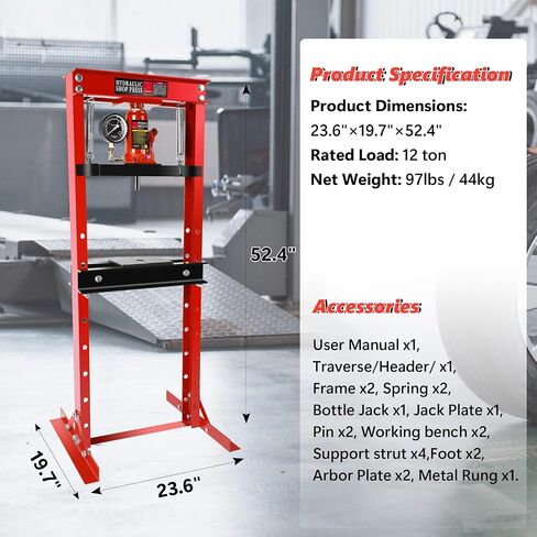 Hydraulic Shop Press,12 Ton H-Frame Garage Floor Adjustable Shop Bearing Press with Stamping Plates to Bend, Straighten, Or Press Parts, Install Bearings & U-Joints in Saudi Arabia