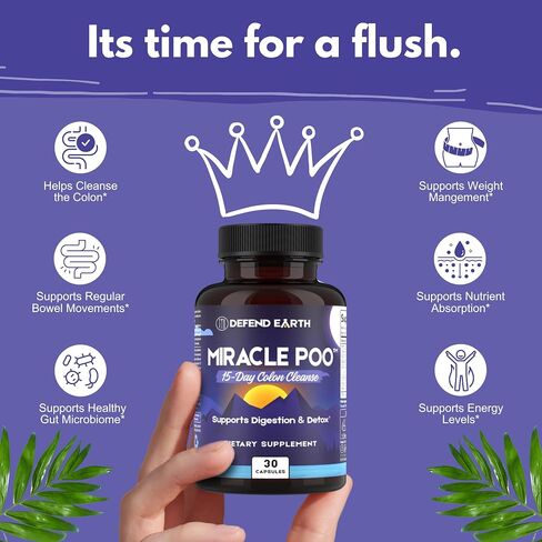 15 Day Gut Cleanse, Miracle Poo Colon Cleanse Capsules for Detox & Digestive Health Support with Psyllium Husk, Senna, & Cascara Sagrada, Non-GMO, 30 Capsules in Saudi Arabia
