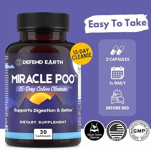 15 Day Gut Cleanse, Miracle Poo Colon Cleanse Capsules for Detox & Digestive Health Support with Psyllium Husk, Senna, & Cascara Sagrada, Non-GMO, 30 Capsules in Saudi Arabia