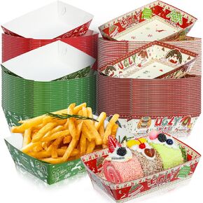 48 Pieces Christmas Paper Food Trays, Christmas Party Supplies, Disposable Snack Serving Trays, Xmas Food Boats Snack Popcorn Bowl for Winter Holiday Xmas Decorations