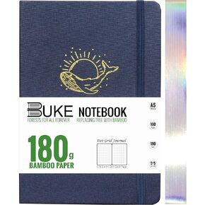 Bullet Dotted Journal,A5 Hardcover Dot Grid Notebook 180Gsm Bamboo White Paper, 5 * 5MM Dots 160 Pages, Lay Flat Binding,Colored Silver Edges, Bookmarks and Expandable Back Pocket MOON