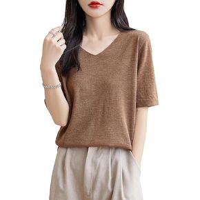 Women's 100% Merino Wool Base Layer Shirt V Neck Short Sleeve Travel Hiking Tee T Shirt Pullover Tops