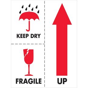 "Keep Dry Fragile" Labels/Stickers, 3" x 4", Red/White/Black, 500 Labels Per Roll (1 Roll)