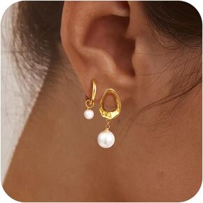 Moodear Dainty Pearl Drop Hoop Earrings for Women - Hypoallergenic 14K Gold Plated Small Dangle Chain Hoops Trendy Earring Sets for Multiple Piercing Jewelry Gift