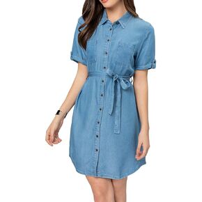 Women's Denim Tie Waist Dress V Neck Button Down Short Sleeve Dresses Solid Color Casual Jean Pocket Dresses