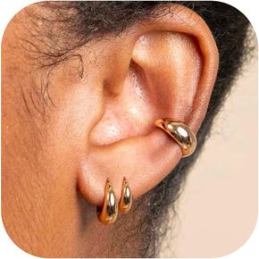 3 Pairs Huggie Hoop Earrings, 14K Gold Plated Sterling Silver Posts Chunky Hoop Earrings for Women, Thick Lightweight Trendy Gold Hoops