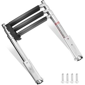 3 Step Stainless Steel Telescoping Boat Ladder with Wide Steps,Marine Pontoon Boat Ladder,Swim Deck Ladder, Pedal Hand Railing, Retaining Strap - 600lb Capacity