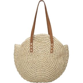 YYW Round Straw Bag Handwoven Natural Summer Beach Shoulder Bag Rattan Crossbody Purse for Women