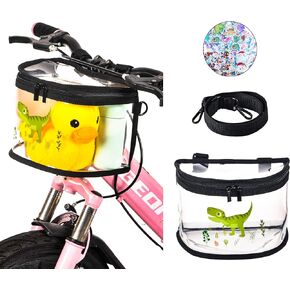 Kids Bike Basket Bag Clear Transparent PVC,Bicycle & Scooter Front Frame Handlebar Bag,Waterproof Children Bike Bag with Shoulder Strap & Stickers(Dinosaurs)