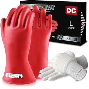 Natural Rubber Gloves Class 00 Low Voltage Electrical Insulating Linesmen's Gloves Double-Layer Design Cotton Anti-Static Knitted Gloves As Lining Size 9 Red