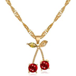 Gold Plated Red Cherry Crystal Dangle Earrings Necklace for Women Girls Unique Summer Tropical Sweet Fruits Green Leaf Chic Rhinestones Cubic Zirconia Huggie Hoop Earrings for Wedding Bride Prom Party Birthday Anniversary Mother's Day Fashion Jewelry Acce