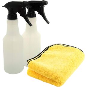 Empty Spray Bottle 16 Ounce Plastic with Adjustable Nozzle from Mist to Stream and Microfiber Towel 16x22 (Pack of 2 Spray Bottles, 1 Towel)