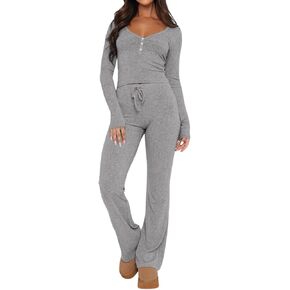 Mulisky Lounge Sets for Women 2 Pieces Long Sleeve Henley Shirt and Drawstring Waist Pants Set Pajama Loungewear