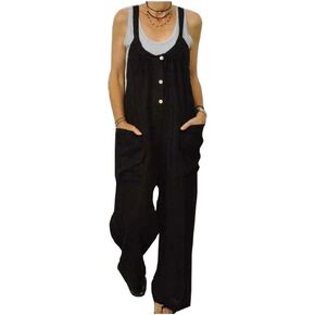 LifeShe Women's Cotton Linen Jumpsuits Rompers High Waist Wide Leg Overalls Pants